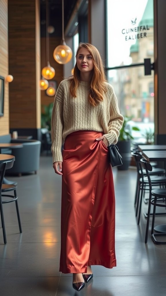 Une femme portant un pull en grosse maille et une jupe nuisette en satin dans un cadre de café chaleureux.