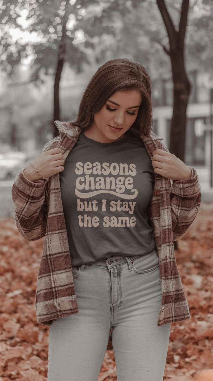 Femme portant un t-shirt graphique sur lequel est écrit « les saisons changent mais je reste la même » avec une chemise en flanelle, entourée de feuilles d'automne.