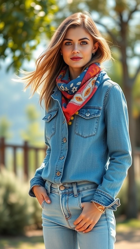 Une femme portant une veste en jean avec une écharpe colorée à l'extérieur.