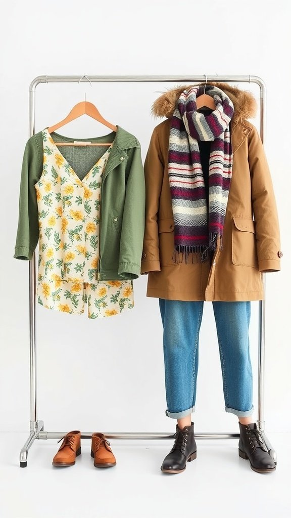 Un portant à vêtements présentant une robe fleurie avec une veste verte à gauche et un manteau marron avec une écharpe rayée à droite, présentant des options de garde-robe saisonnières.