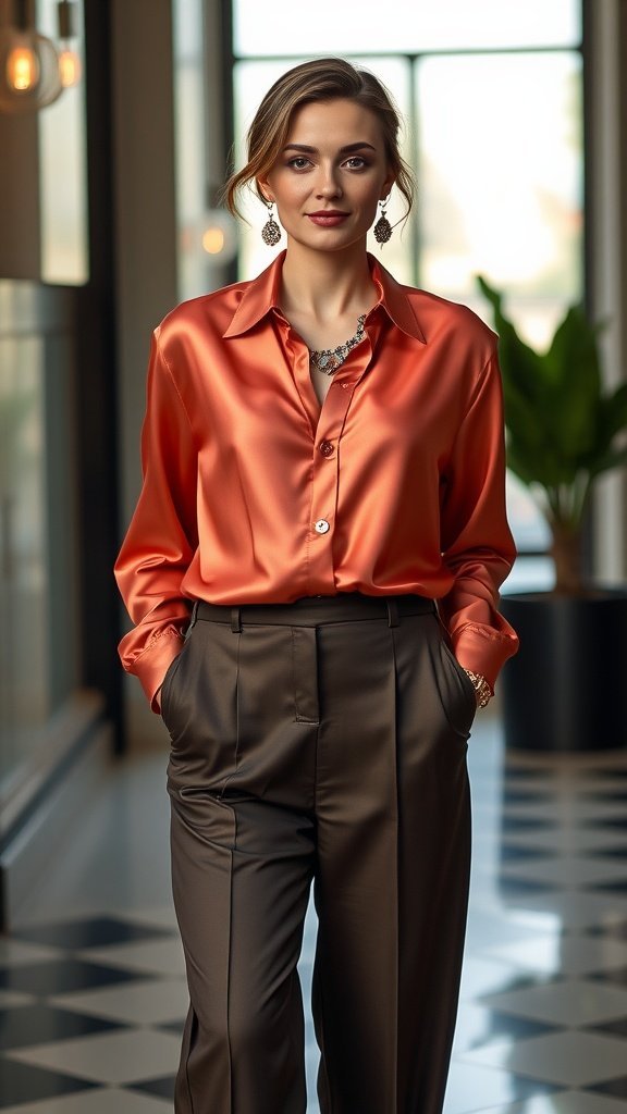Une femme portant un chemisier en soie vibrant avec un pantalon large, debout dans un intérieur élégant.