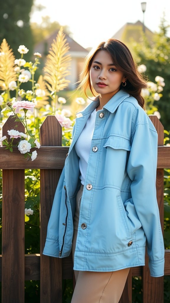 Une personne portant une veste décontractée bleu ciel debout à côté de fleurs.