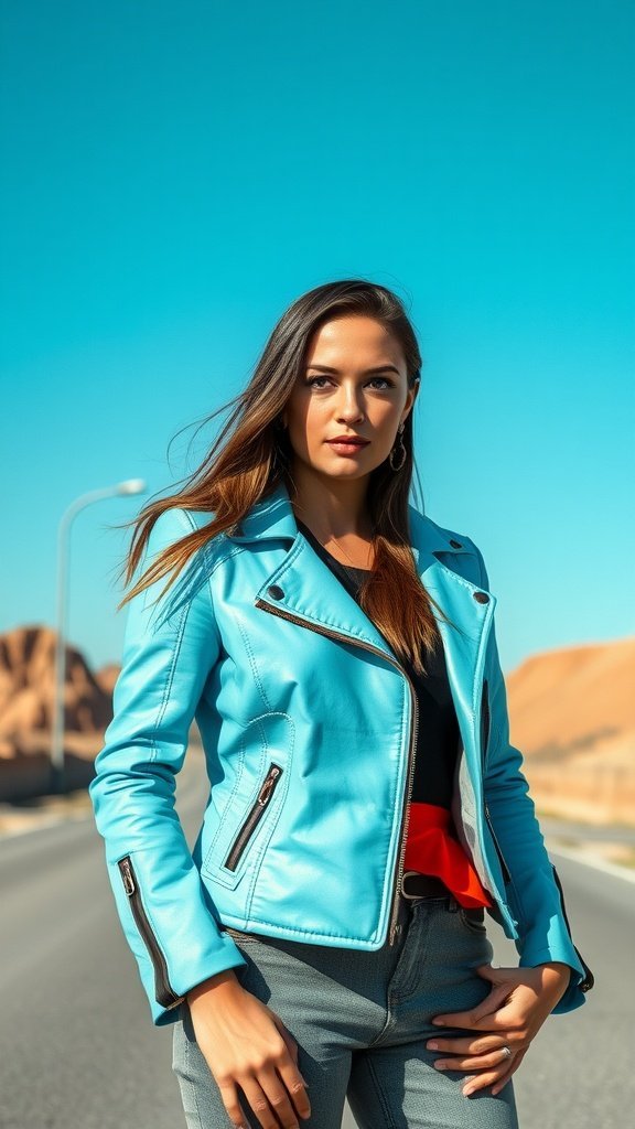 Une veste de moto bleu ciel suspendue à un crochet, avec des cerisiers en fleurs en arrière-plan.