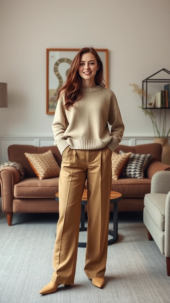 Une femme portant un pull en cachemire doux et un pantalon large, élégante et confiante.