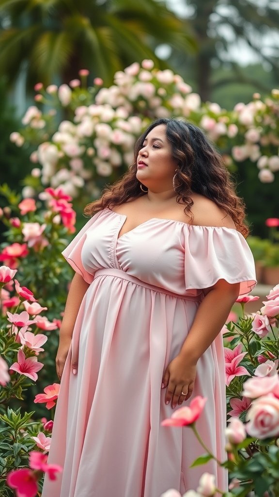 Une femme de grande taille portant une robe rose pâle à épaules dénudées debout parmi des fleurs en fleurs.