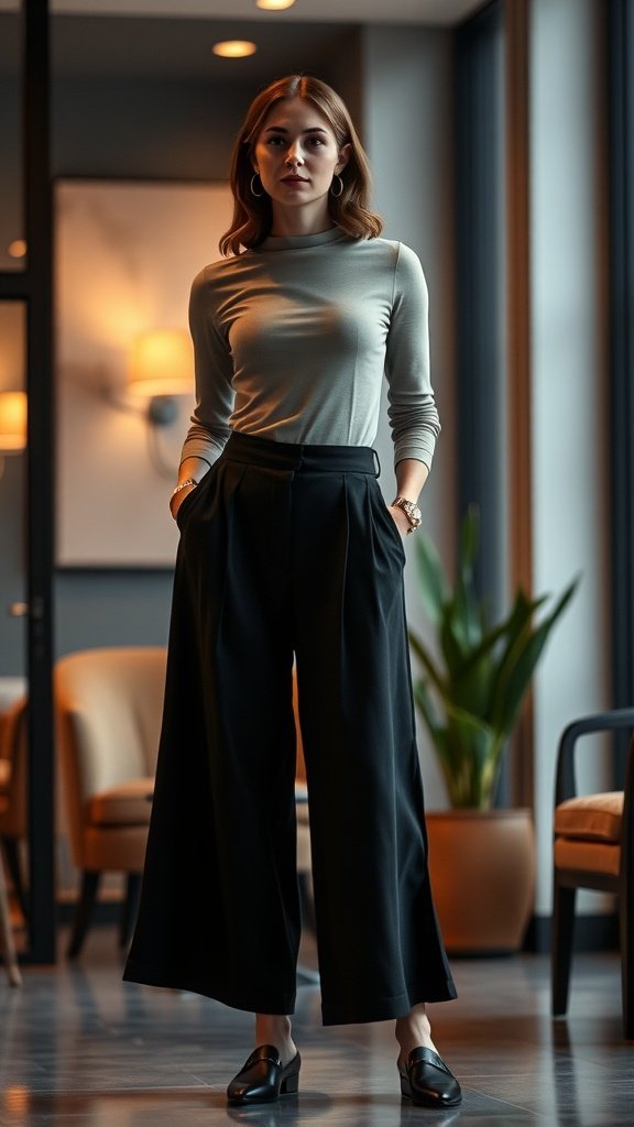 Une femme portant une culotte sophistiquée et un haut ajusté, présentant une tenue printanière élégante.