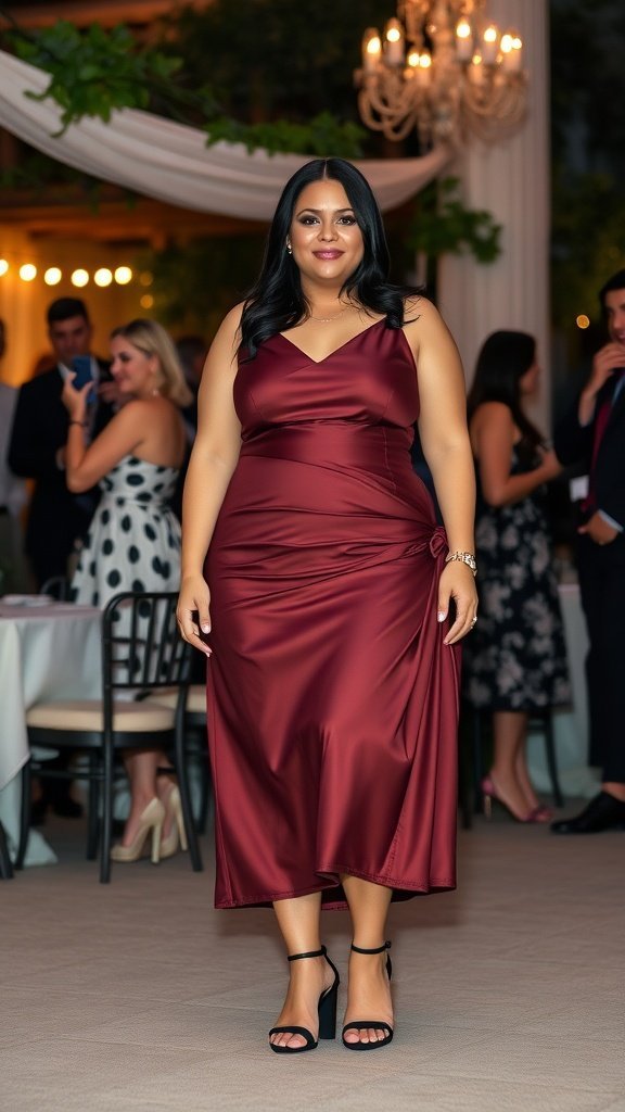 Une femme dans une robe midi bordeaux avec une silhouette lisse, debout avec confiance lors d'un événement en soirée