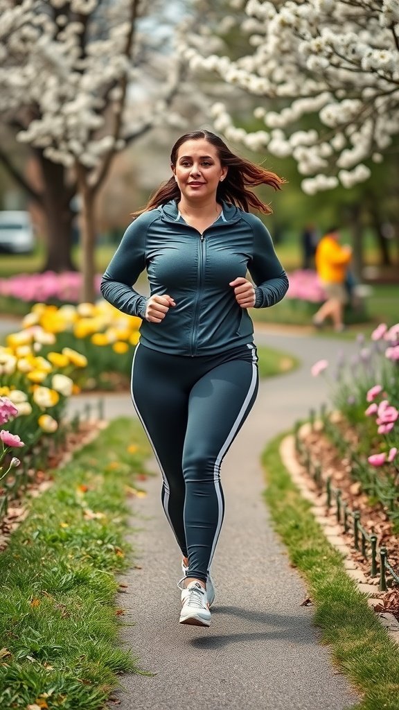 Une femme fait du jogging dans un ensemble de vêtements de sport dans un parc rempli de fleurs colorées