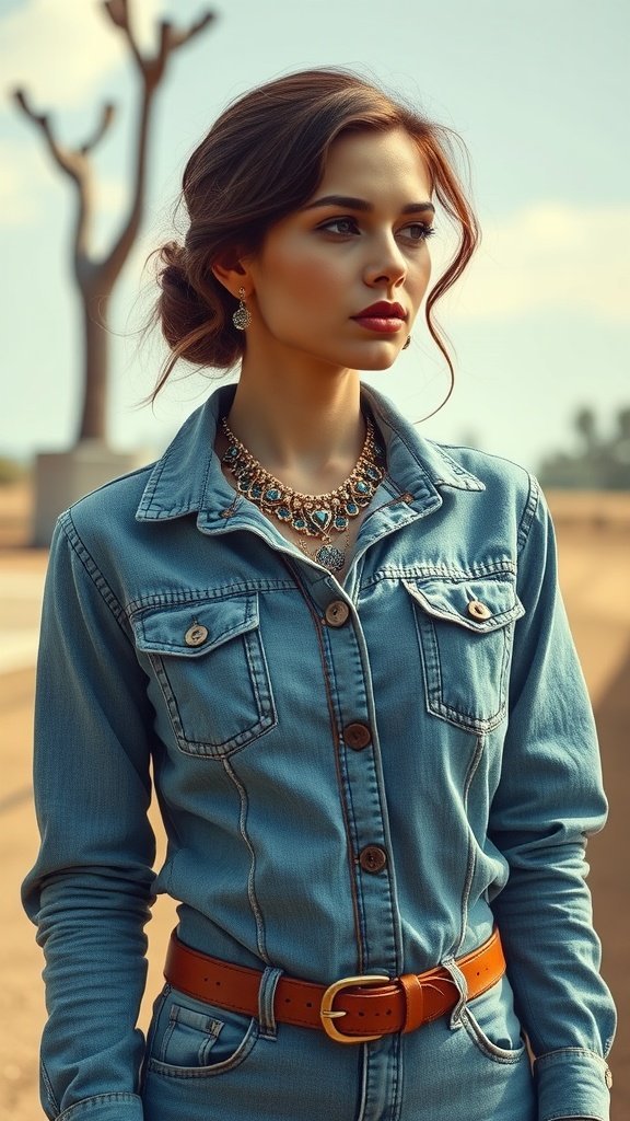 Une femme portant une tenue en jean avec des bijoux tendance, avec du style.