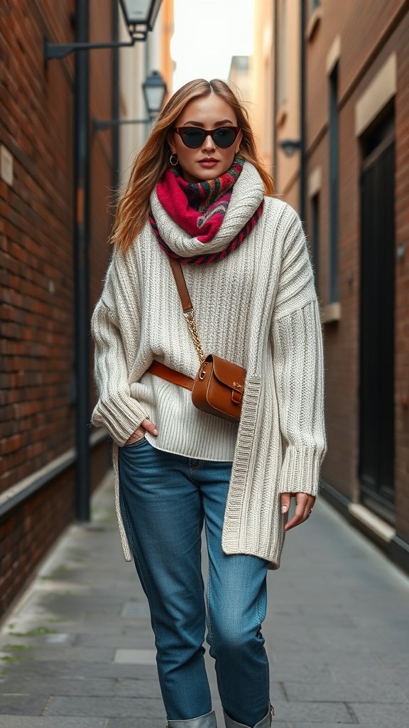 Une femme élégante portant un cardigan en grosse maille crème et une écharpe colorée, marchant dans une rue.