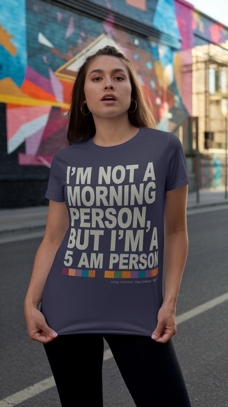 Un mannequin portant un t-shirt sur lequel est écrit « Je ne suis pas une personne du matin, mais je suis une personne de 5 heures du matin » devant une fresque murale vibrante.