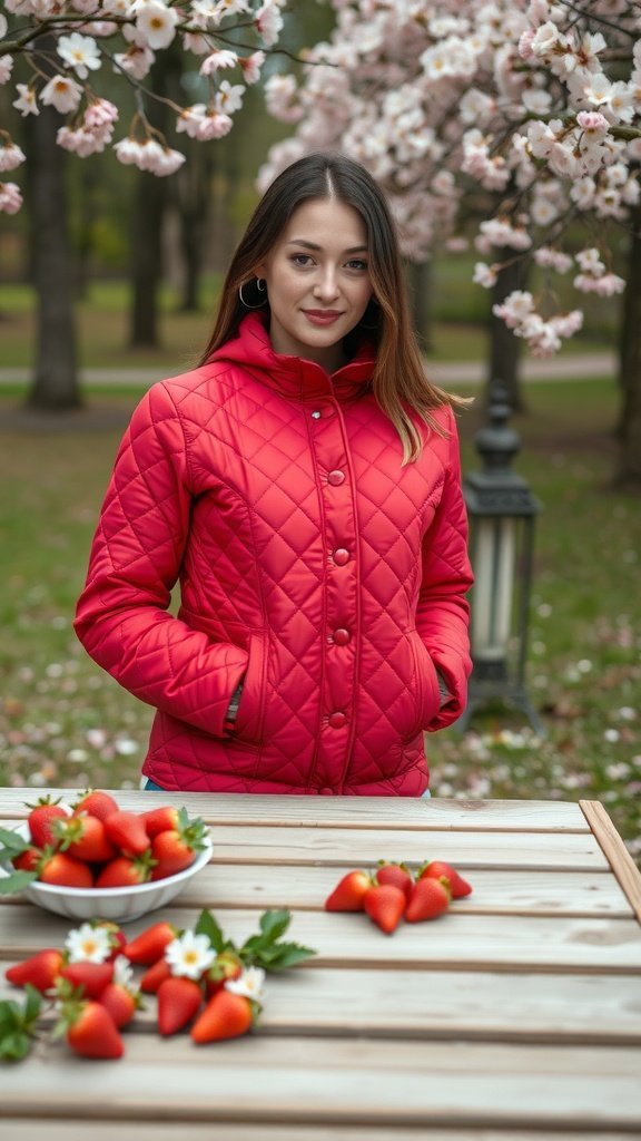 Une femme portant une veste matelassée rouge fraise, debout à l'extérieur avec des cerisiers en fleurs et une table de fraises.