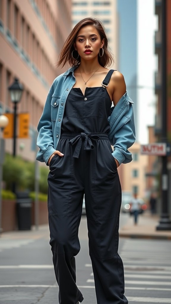 Mannequin en combinaison noire d'inspiration streetwear avec chemise en jean, affichant un style urbain.