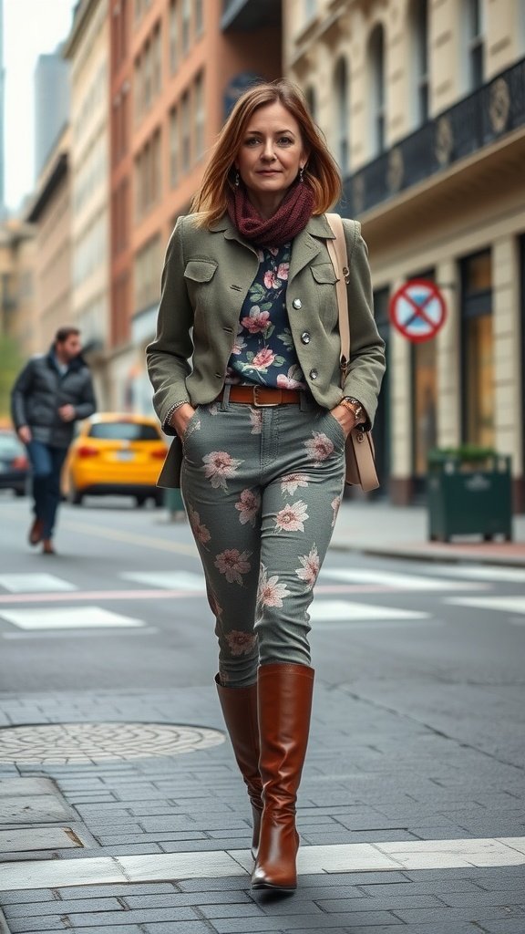 Une femme marchant avec assurance dans des bottines élégantes, un pantalon fleuri et une veste dans une rue de la ville.