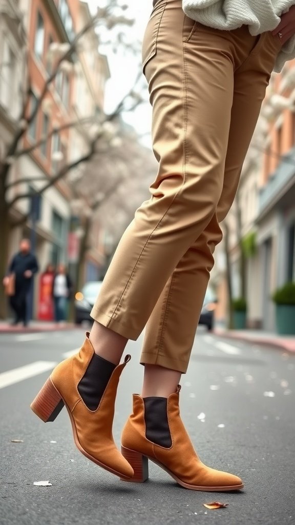 Paire de bottines élégantes avec un pantalon court, mettant en valeur une tenue printanière chic.