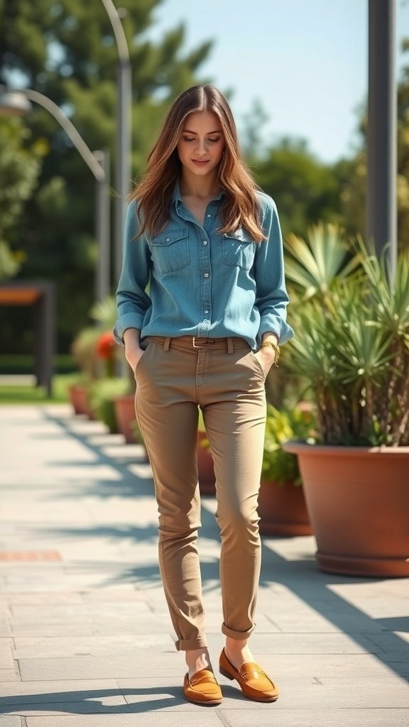 Une femme portant une chemise en chambray et un pantalon kaki, marchant dans un cadre extérieur ensoleillé.