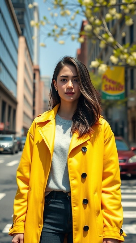 Une personne portant un trench-coat jaune ensoleillé se tient dans une rue de la ville.