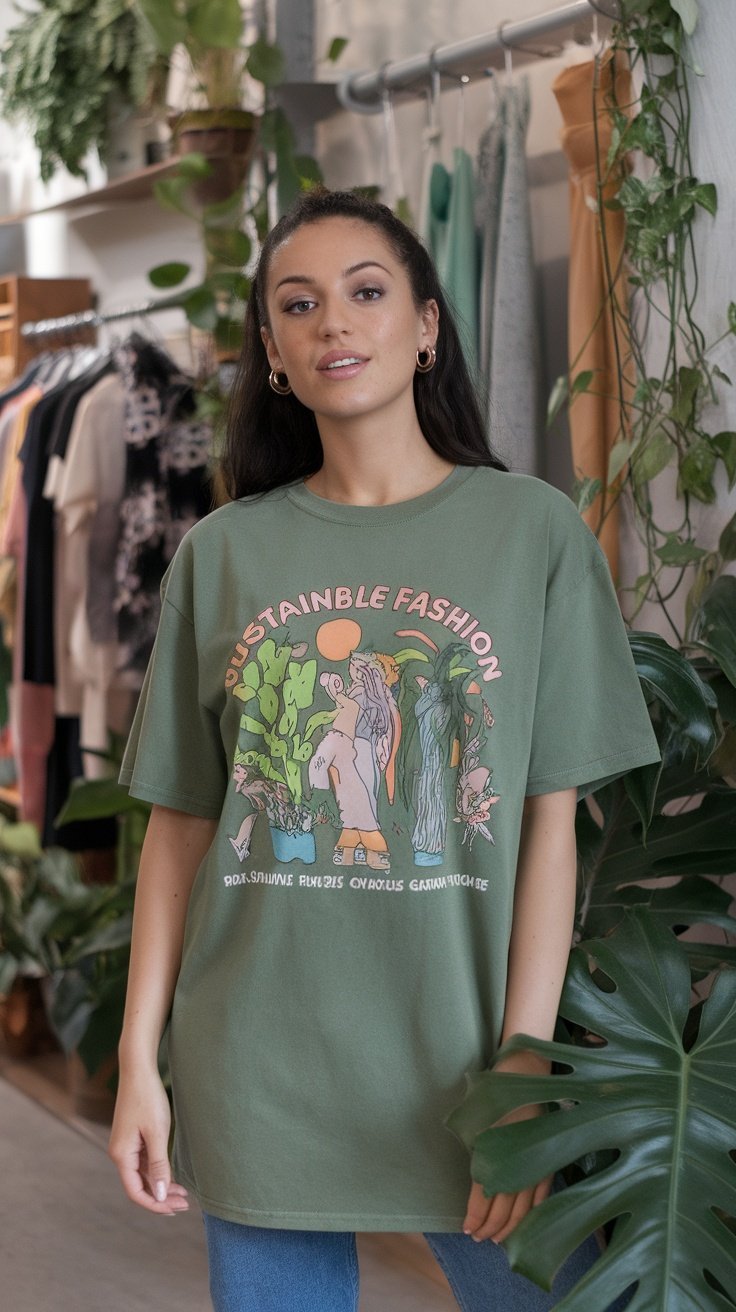 Un mannequin portant un t-shirt graphique de mode durable dans un cadre de boutique élégant.