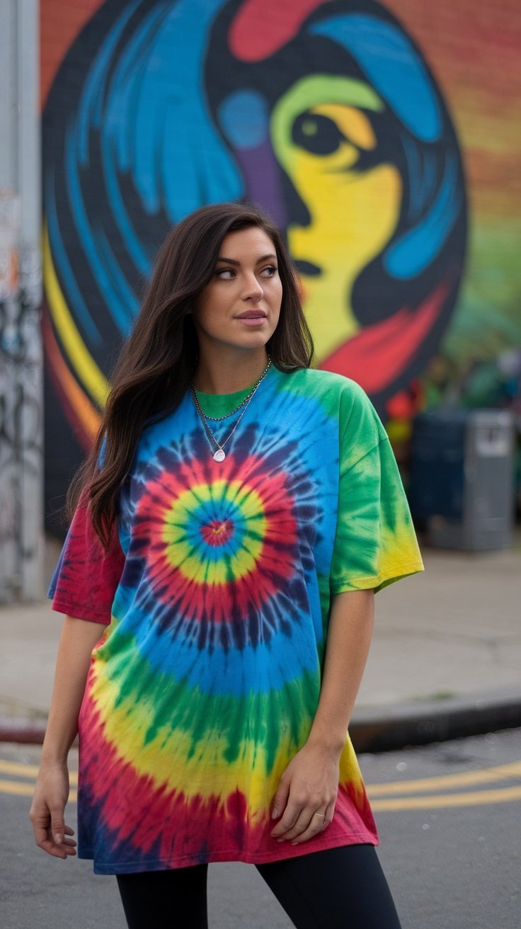 Une femme portant un t-shirt graphique tie-dye coloré, debout devant une peinture murale vibrante.
