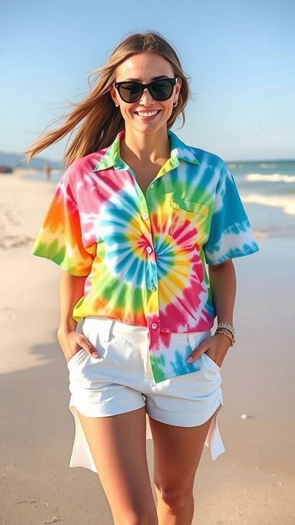 Une femme portant une chemise colorée tie-dye et un short blanc, souriant sur la plage