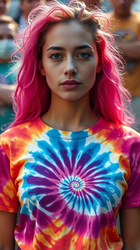 Une collection de t-shirts tie-dye colorés avec un mannequin au centre