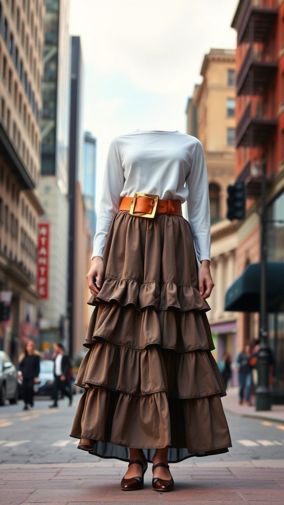 Une personne portant une jupe midi à plusieurs niveaux avec une ceinture tendance, debout dans une rue de la ville.