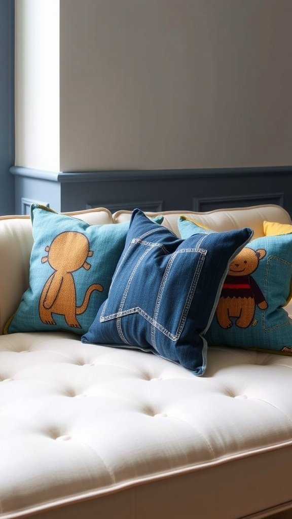 Un t-shirt rose transformé en sac fourre-tout accroché sur un mur en bois.