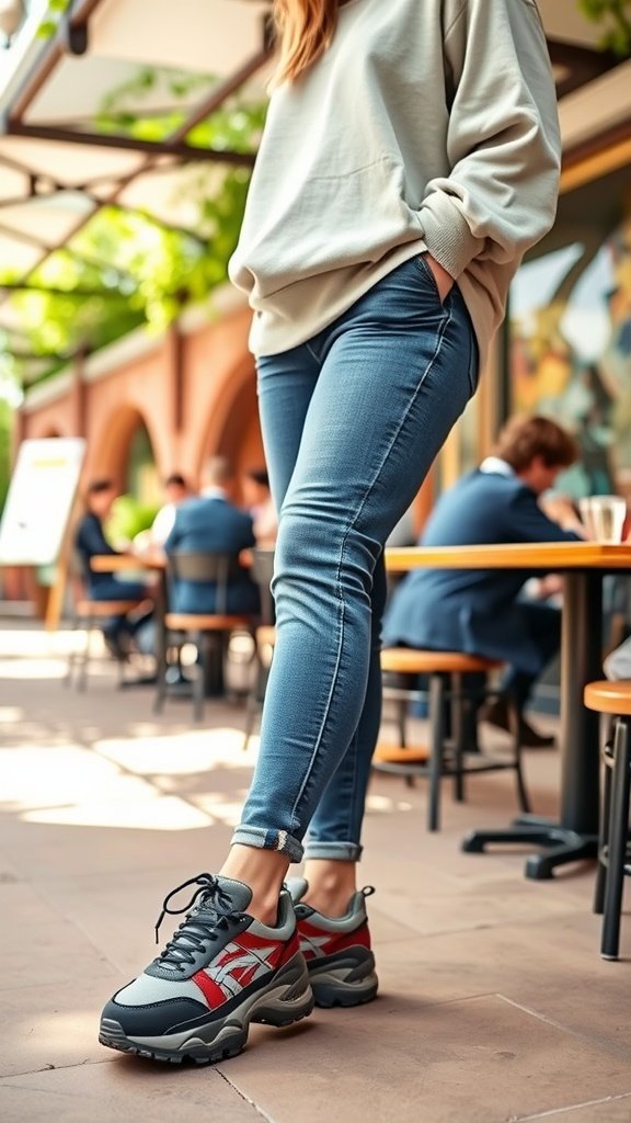 Une personne portant des baskets épaisses et un sweat-shirt debout à l'extérieur d'un café.