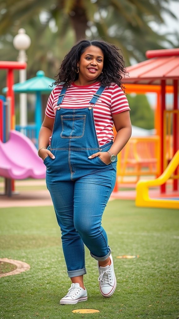 Une femme portant une salopette en jean et un t-shirt rayé se promène dans une aire de jeux.