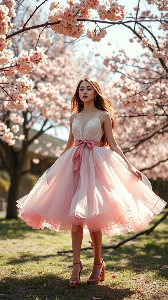 Une femme portant une robe vintage en tulle rose, debout sous des cerisiers en fleurs