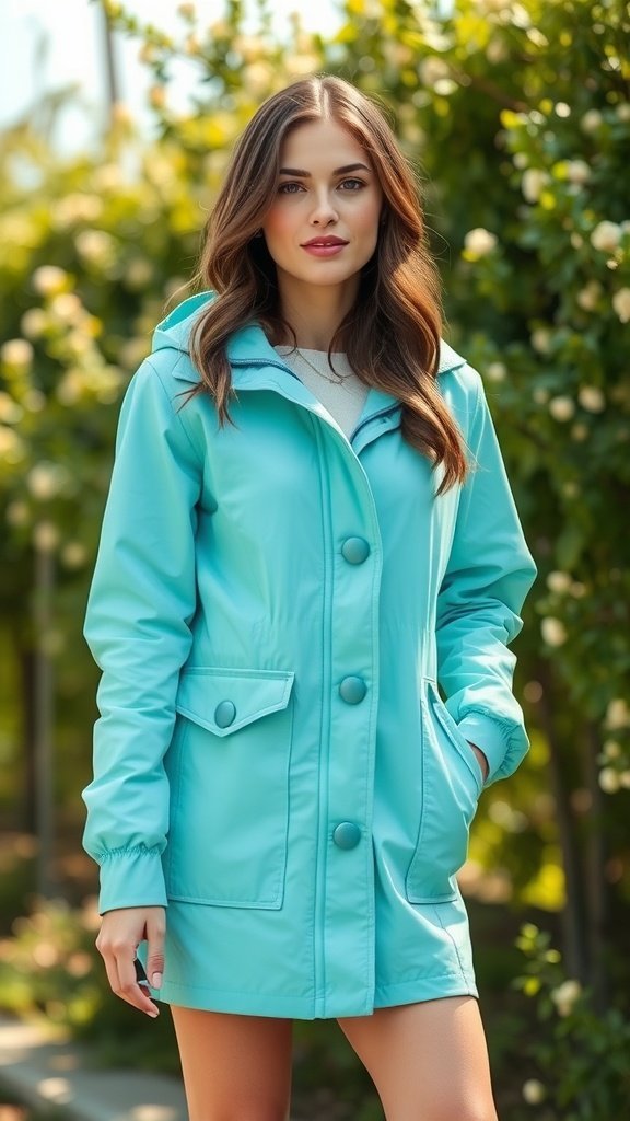 Une femme portant une parka légère turquoise à l'extérieur