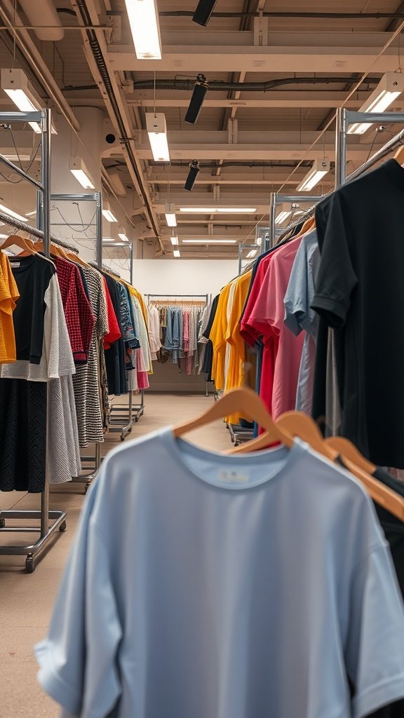 Un magasin de vêtements moderne présentant une variété de vêtements colorés sur des étagères.