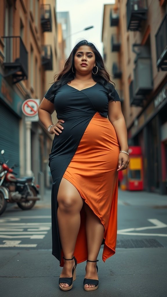 Une femme de grande taille portant une robe asymétrique élégante aux couleurs orange et noire, debout avec confiance dans une rue de la ville.