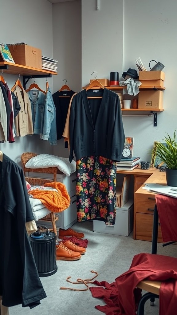 Une pièce chaleureuse remplie de divers vêtements et matériaux d'artisanat, présentant un potentiel de recyclage et de projets de bricolage.