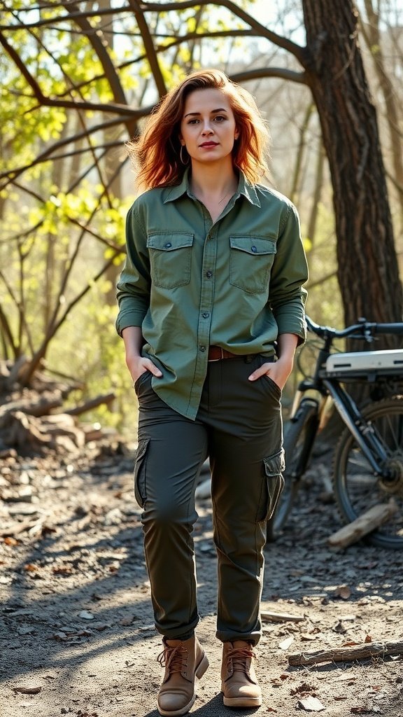 Une femme portant une chemise utilitaire et un pantalon cargo, debout dans une zone boisée avec un vélo en arrière-plan.
