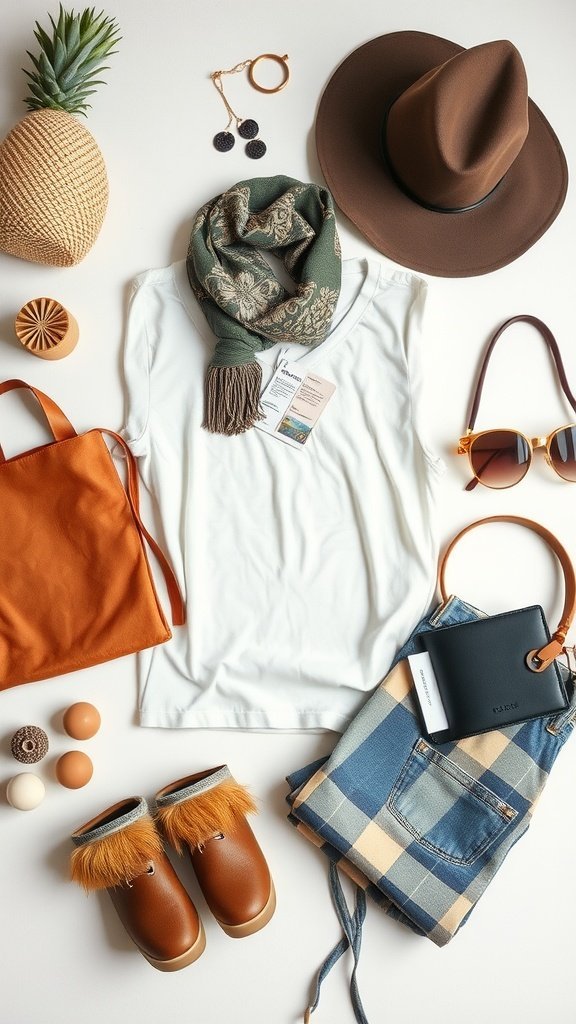 Une collection de vêtements et d'accessoires élégants soigneusement disposés, comprenant un chapeau, une écharpe, un sac fourre-tout et des chaussures.