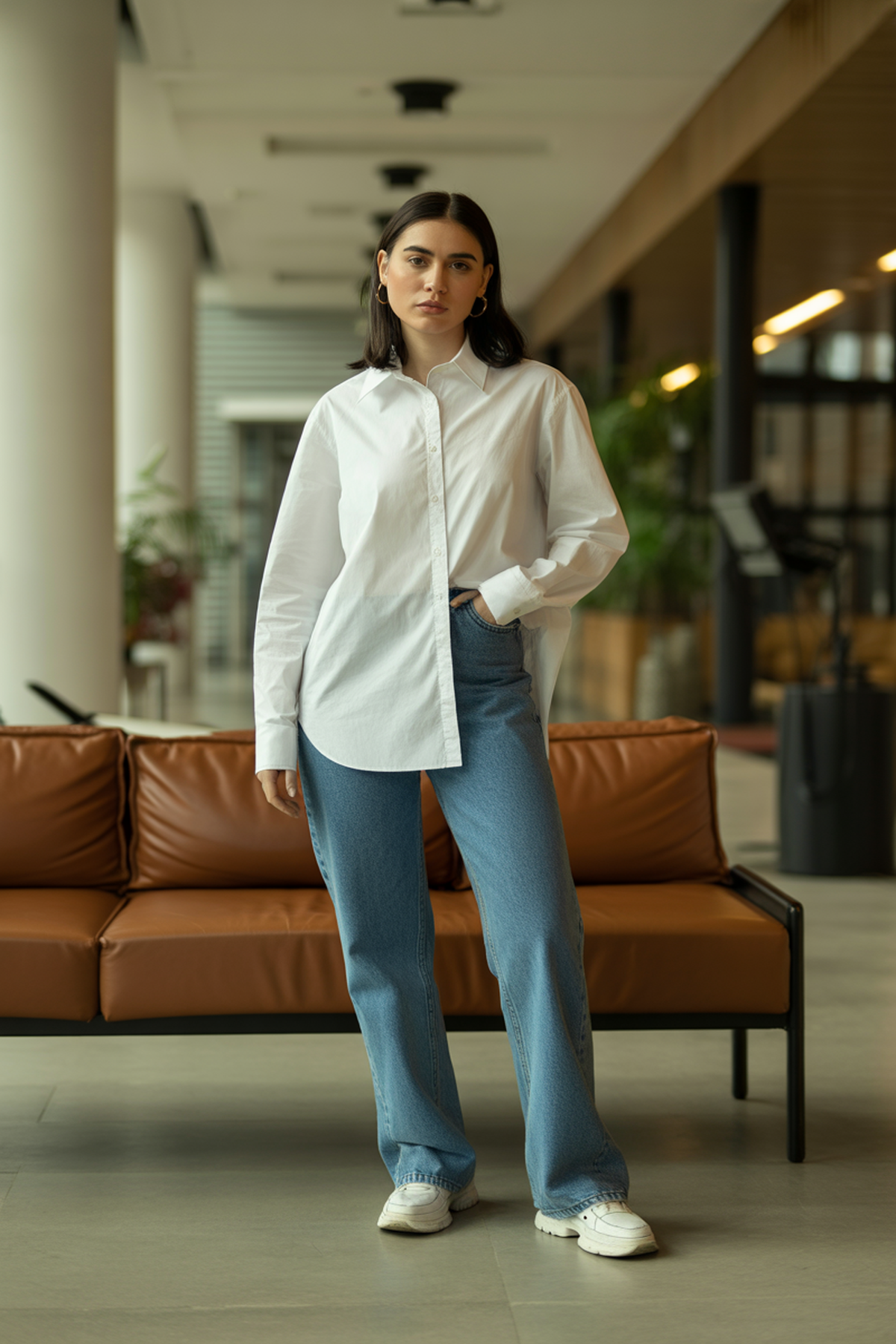 Camisa Boxy com Jeans de Corte Reto