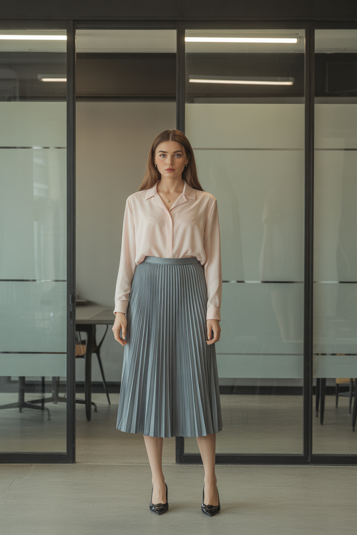 Blusa Suave com Saia Midi Plissada