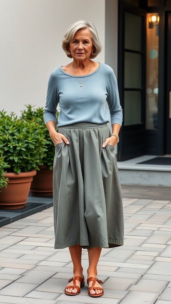 Femme portant un haut bleu clair avec une jupe midi verte et des sandales marron.