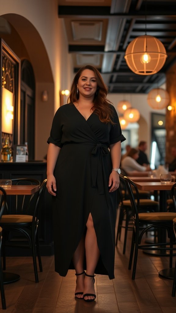 Une femme vêtue d'une robe portefeuille noire debout dans un restaurant élégant, présentant une tenue polyvalente de jour comme de nuit.