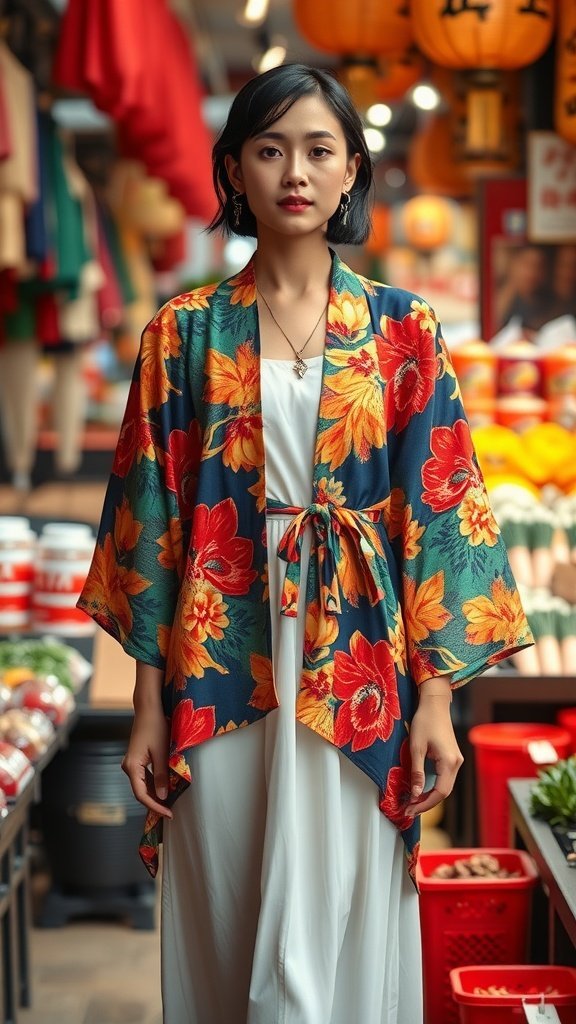 Une femme portant un kimono fleuri vibrant sur une simple robe blanche.