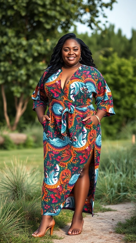 Une femme de grande taille souriant dans une robe portefeuille colorée avec des imprimés floraux, debout à l'extérieur.