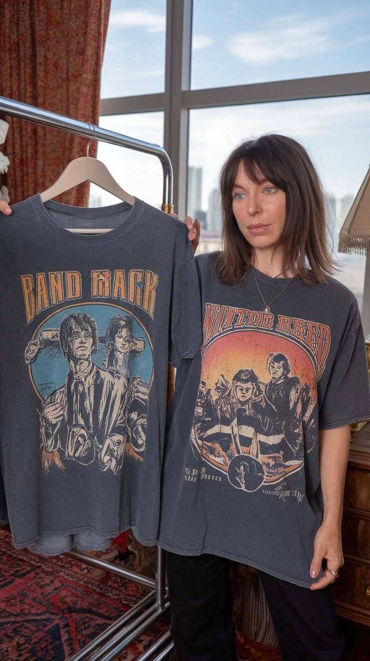 Une femme tenant deux t-shirts de groupe vintage dans un cadre urbain élégant.