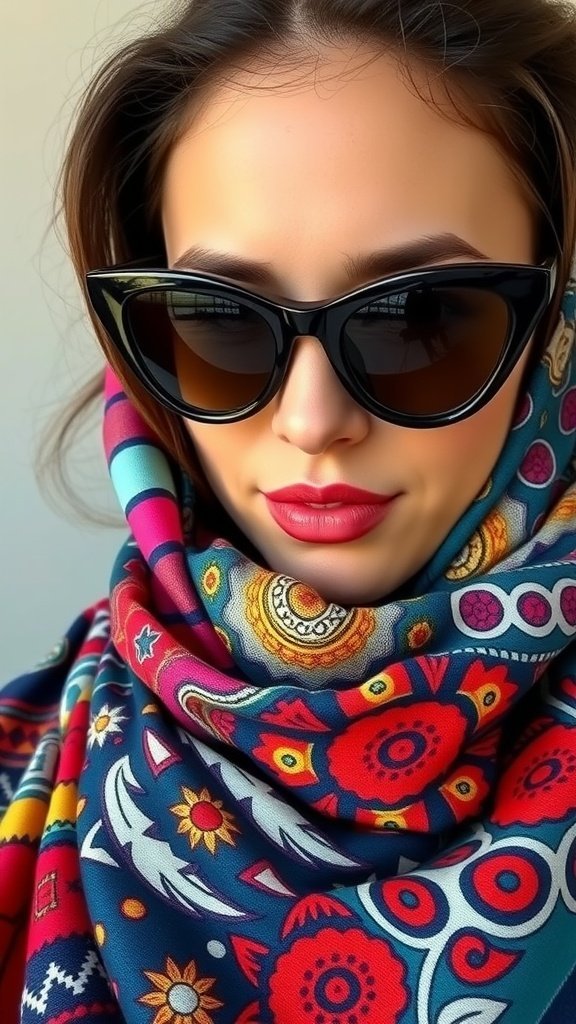 Une femme portant des lunettes de soleil œil de chat vintage et un foulard coloré.