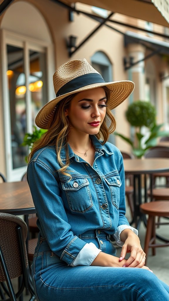 Une personne élégante portant un jean vintage et un chapeau à large bord