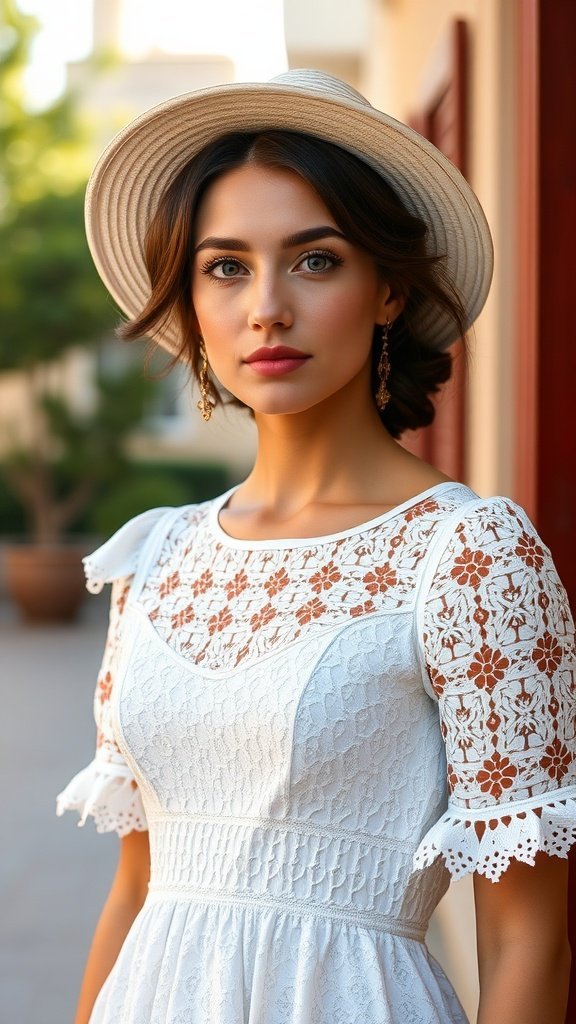 Une robe à œillets vintage suspendue à une branche d'arbre avec des fleurs en arrière-plan.