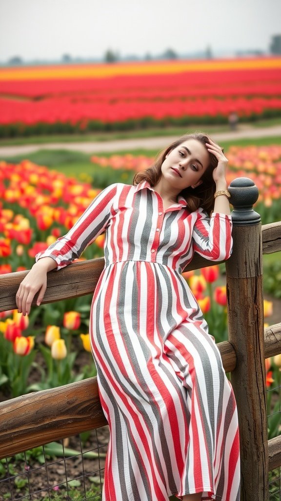 Un mannequin portant une robe chemise rayée vintage, appuyé contre une clôture en bois avec un champ de tulipes colorées en arrière-plan.