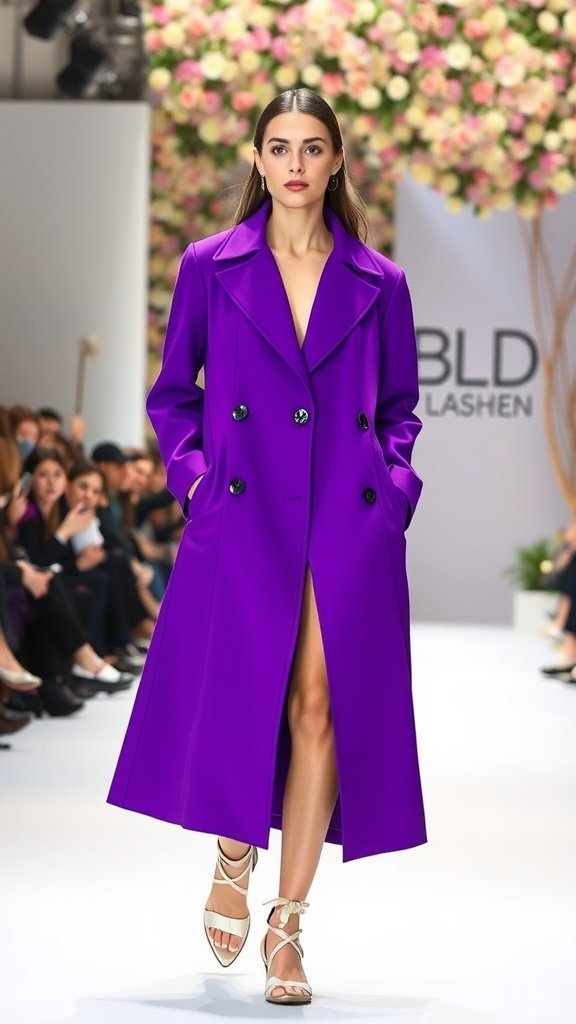 Un mannequin portant une veste longue violette vive sur un podium.