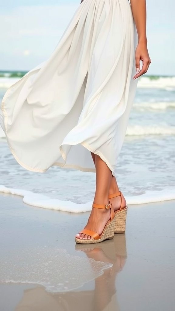 Une femme portant des sandales compensées et une robe longue blanche fluide debout au bord de la plage.