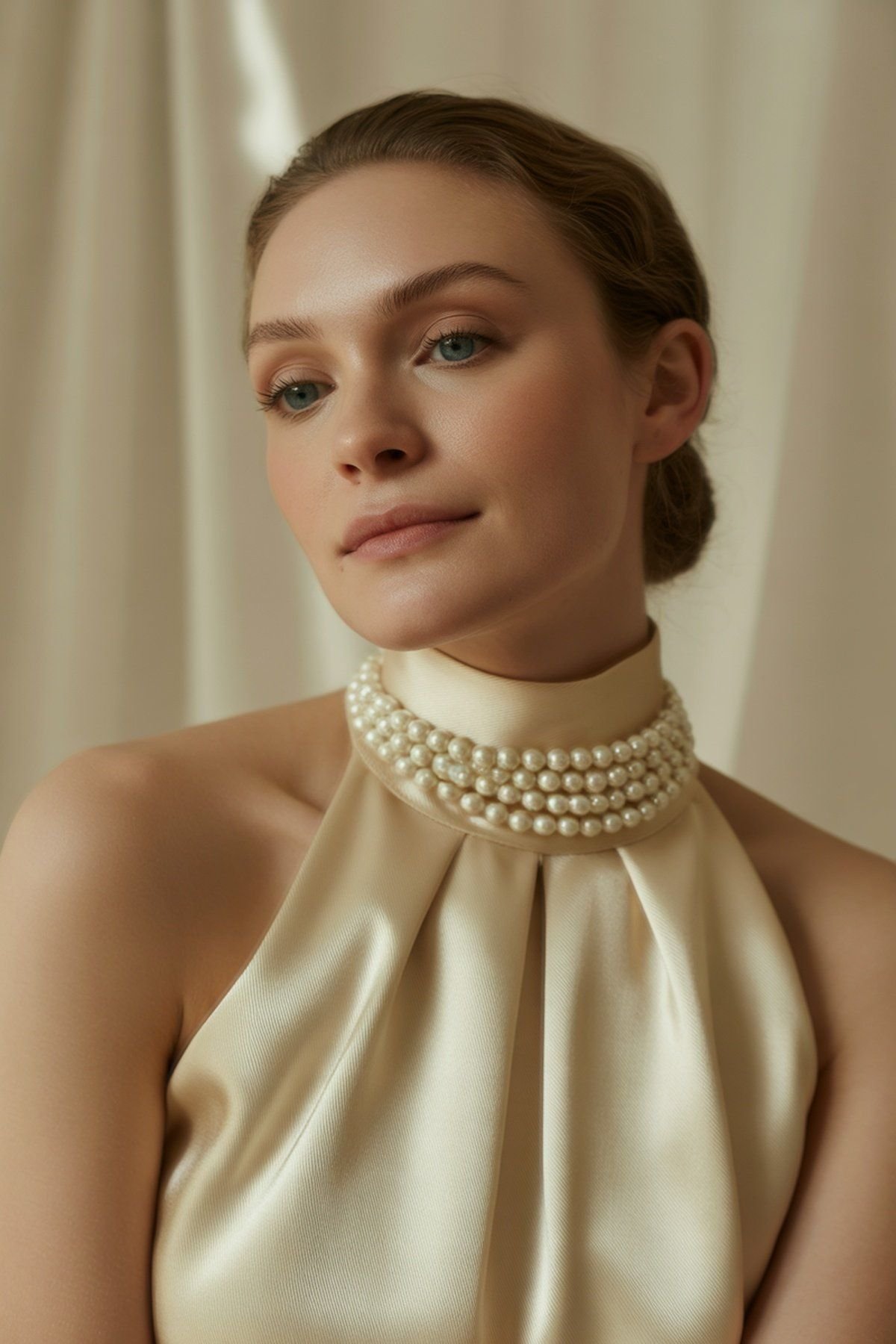 Vestido de Seda com Gola Alta e Acessórios Delicados de Pérolas